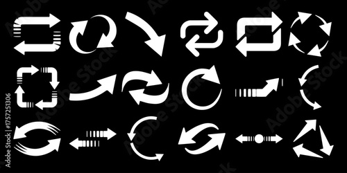 Collection of white arrows and directional symbols on a black background