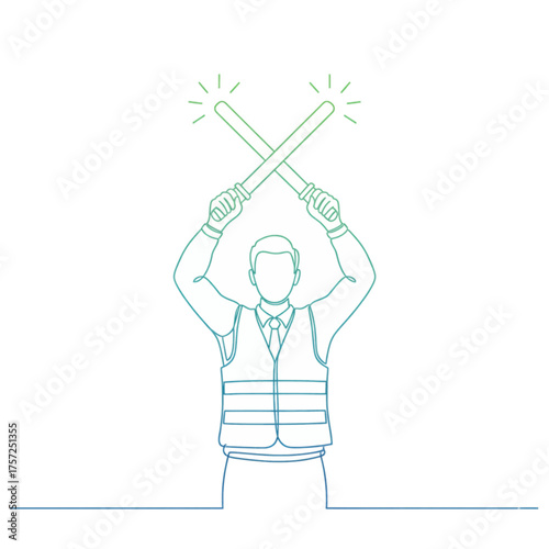 Airport Marshaller Ground Crew Signaling Stop with Light Wands Line Art Illustration