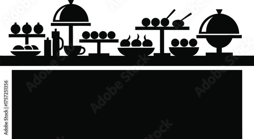 Silhouette of a buffet table laden with food and serving dishes
