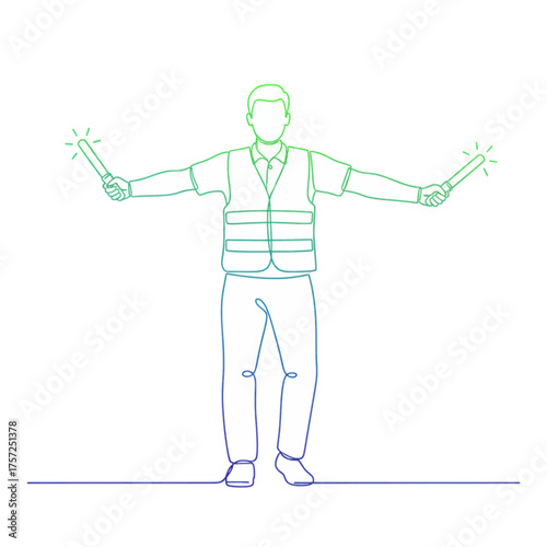 Airport ground staff signaling with wands line art illustration