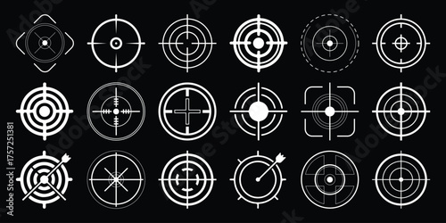 Collection of white crosshair and target icons on a black background