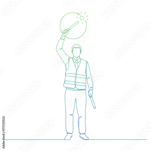 Line Art Airport Ground Staff Directing Aircraft with Marshalling Wands Illustration