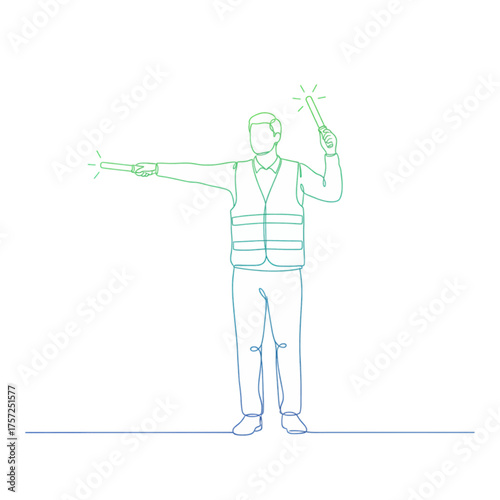 Airport ground crew marshaller directing aircraft with light wands line art drawing
