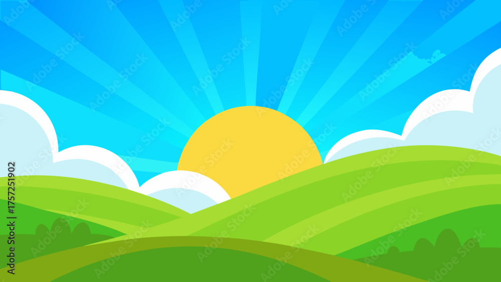 Obraz premium Cartoon Landscape with Green Hills and Bright Blue Sky Illustration