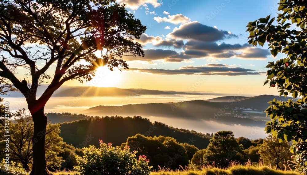 Fototapeta premium Sunrise over rolling hills and misty valley