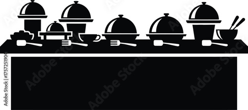Silhouette of a buffet table with covered dishes and serving utensils