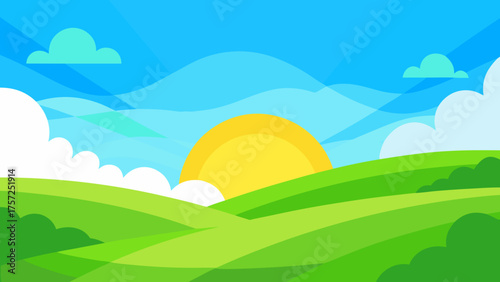 Cartoon Landscape with Green Hills and Bright Blue Sky Illustration