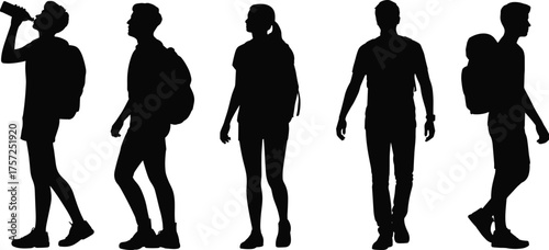 Backpack silhouette illustration, people walking standing poses, travel lifestyle vector, hiking design artwork, urban commuter figure, isolated black human graphic