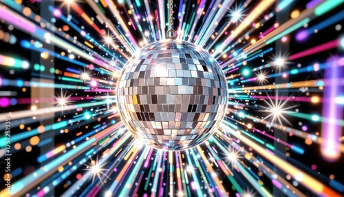 Shiny disco ball with vibrant party lights
