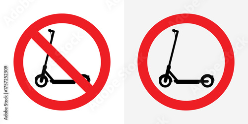 No electric scooter sign. Prohibition symbol with scooter icon in red circle. Vector illustration isolated on white background.