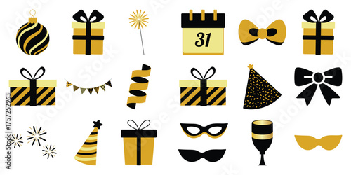 Festive Gold and Black Party Icons: Gifts, Hats, Masks, and More