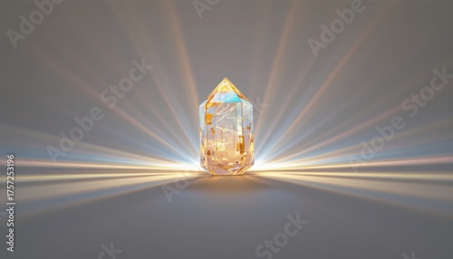 Golden crystal prism with radiant light beams
