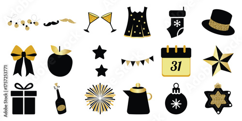 New Year's Eve Celebration Icons: Black, Gold, and Glitter