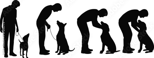 Dog training silhouette, person with pet, obedience posture illustration, lifestyle vector artwork, human animal bond, isolated black figure graphic
