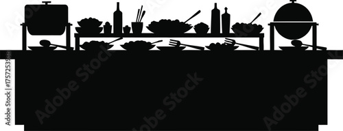 Silhouette of a buffet table laden with food and serving dishes