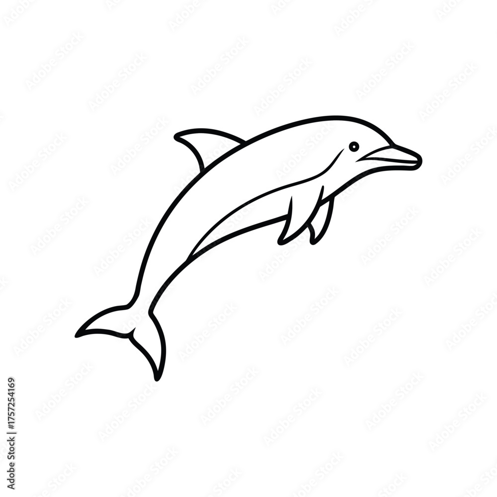 Fototapeta premium Minimal black line art vector of single dolphin leaping, isolated on white background, clean flat icon