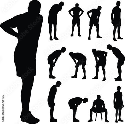 Exhausted person silhouette, fatigue body posture, tired man poses, discomfort illustration, ergonomic stress design, sitting and standing figure, health vector art