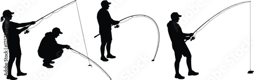 Fishing silhouette illustration, people with rods, casting reeling figures, outdoor activity vector, lifestyle design, isolated black artwork, angler posture graphic
