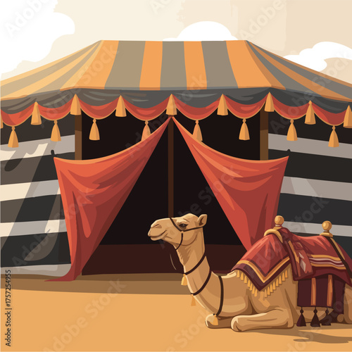 A camel rests in front of a traditional Bedouin tent.