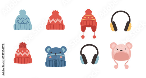 Collection of cute winter hats and ear warmers in flat design