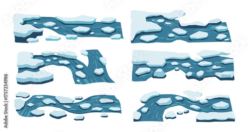 Isometric arctic iceberg paths with snowy river elements in winter