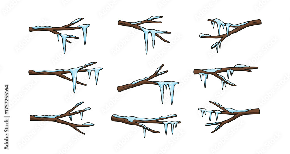 Fototapeta premium Collection of frozen branches with icicles in hand-drawn style