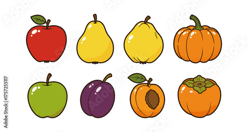 Colorful comic style fruit collection featuring apple, pear, pumpkin, and more