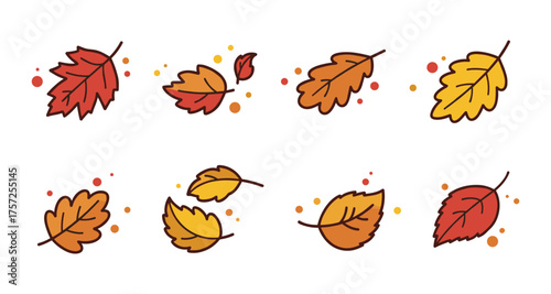 Autumn leaves set in hand drawn style with orange and yellow hues