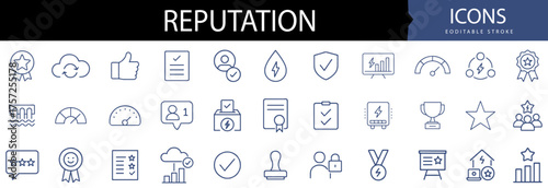 Reputation Strategy Icon Set – 36 Line Style Symbols for Trust, Recognition, and Brand Value