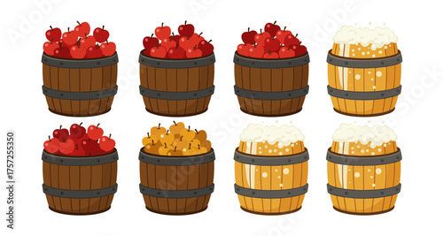 Flat style apple and cider barrels collection with vibrant colors and texture