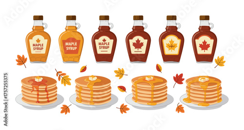 Delicious pancakes and maple syrup bottles with autumn leaves