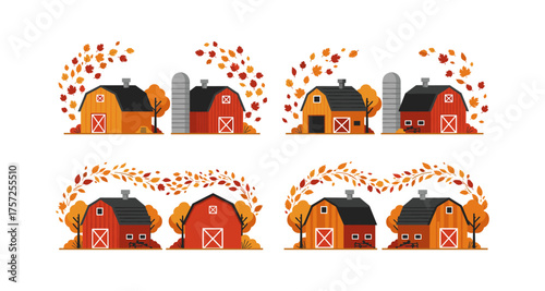 Rustic autumn barns with falling leaves in flat design
