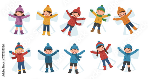 Children making snow angels in winter clothing set on white background
