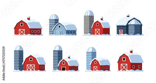 Snow-covered barns and silos collection in a charming winter landscape