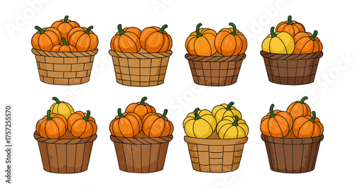 Variety of pumpkins in rustic baskets for harvest season
