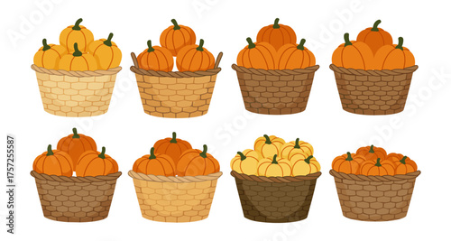Basket of pumpkins: seasonal autumn harvest with wicker baskets and vibrant gourds