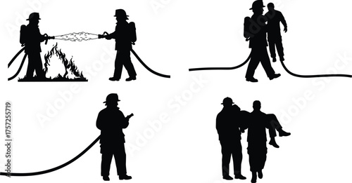 Silhouette of firefighters extinguishing fire, rescuing people and holding hose, emergency response teamwork, fire safety and rescue operation illustration