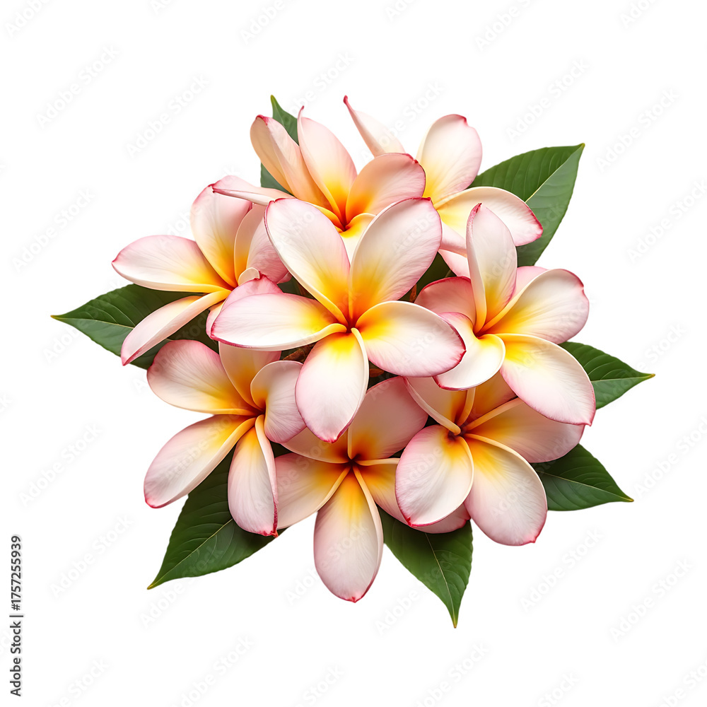 Fototapeta premium Pink White Frangipani Flowers Bouquet with Green Leaves on Transparent Background