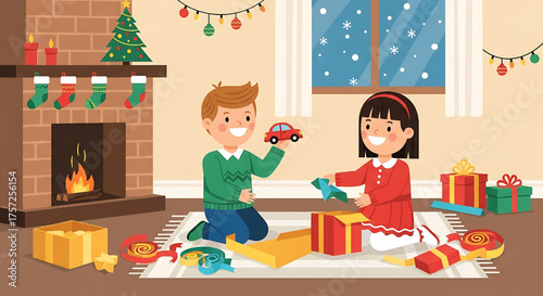 Children Opening Christmas Gifts Near Fireplace Illustration