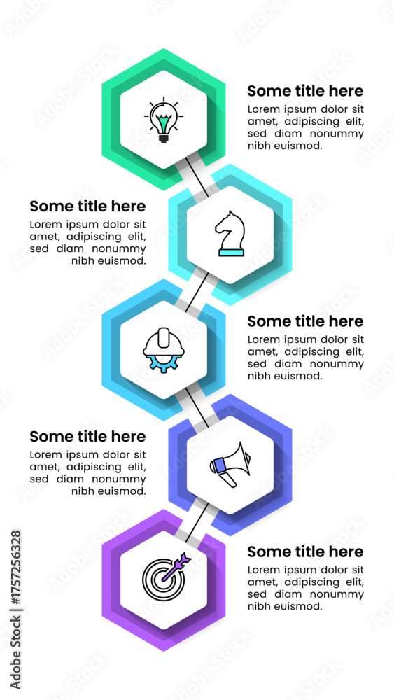Fototapeta premium Infographic template. Hexagons with vertical line and 5 steps