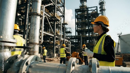 Female engineer in a yellow hard hat and safety vest inspecting a large industrial plant with pipelines in the foreground.