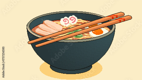 Pixel art japanese ramen soup with meat slice, egg, green onion and chopsticks. 8-bit retro style vector illustration.