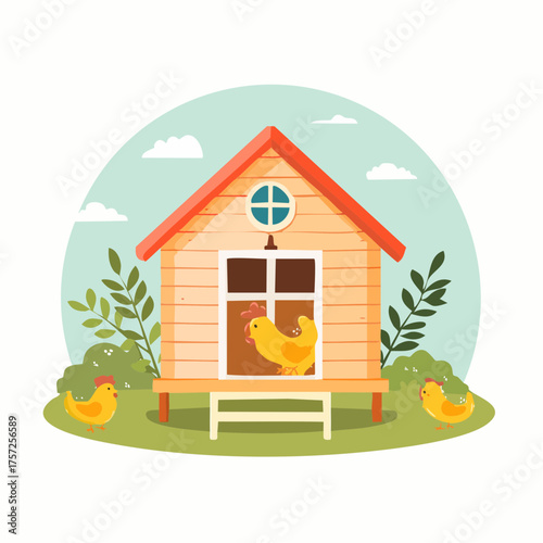Chicken coop in the countryside: A whimsical illustration depicts a cozy chicken coop nestled amidst a vibrant rural scene.