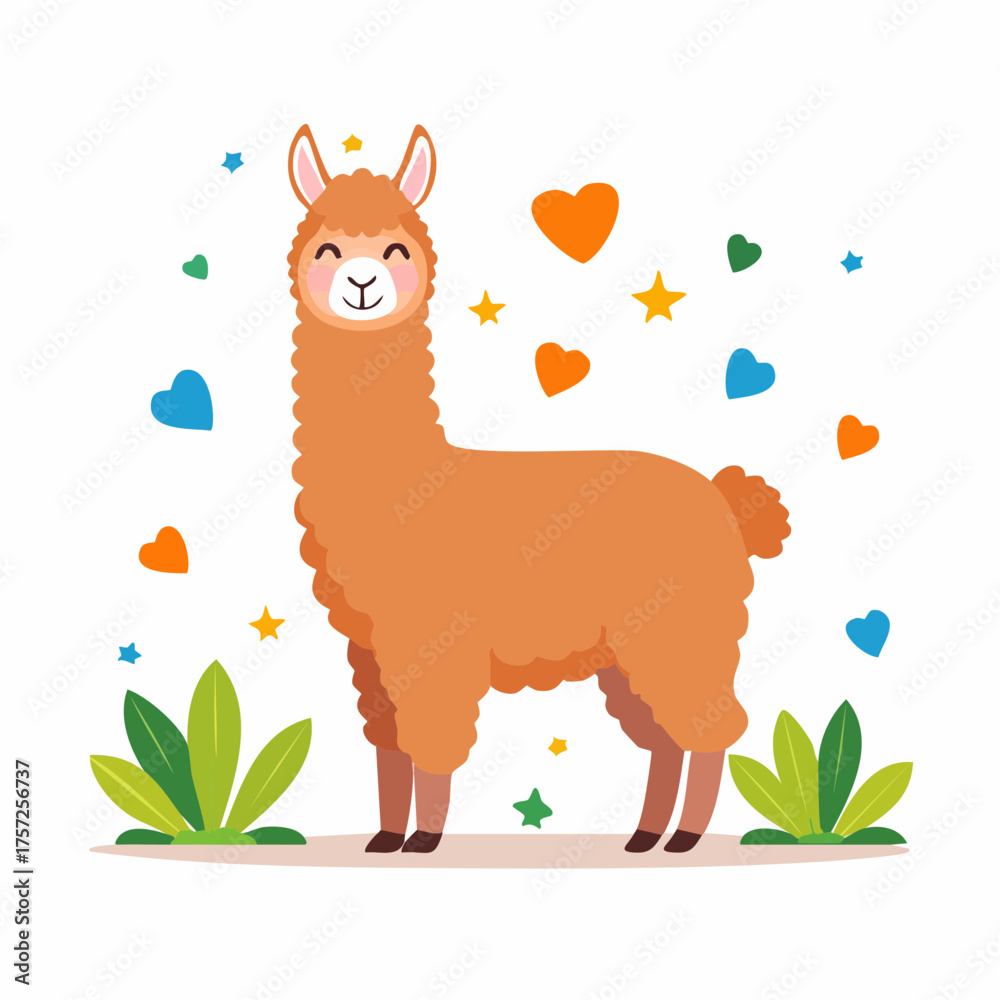 Fototapeta premium Playful Llama Illustration: A charming, cartoon-style depiction of a friendly llama, adorned with whimsical decorations, embodies a sense of joy and approachability. 