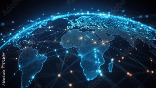 A digital representation of Earth highlighted with glowing networks, showcasing global connectivity and data flow across continents.