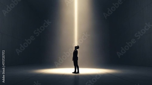 Silhouette of a Man Standing in a Beam of Light, Conceptual Image of Hope and Opportunity