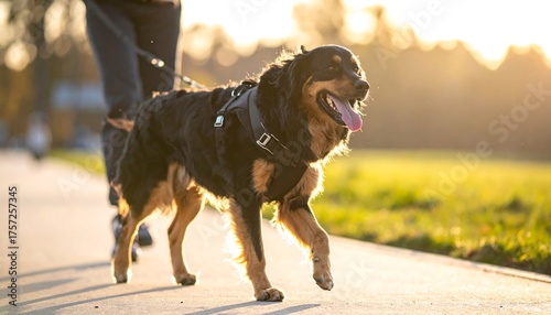 A person walks a dog on a leash along a path at sunset, with the sun illuminating the canine and its owner