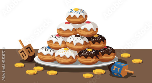 Hanukkah with yummy jelly donuts and dreidels, perfect for holiday cards, invitations, or festive backgrounds with the delicious treats