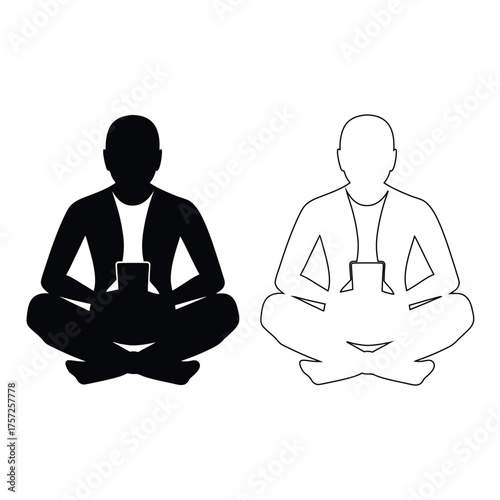 Meditating man with smartphone simple flat vector illustration isolated on white background representing mindfulness and digital detox