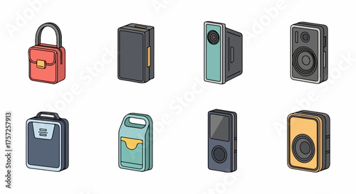 Collection of Portable Electronic Devices and Accessories in Isometric Outline Style Vector Icons